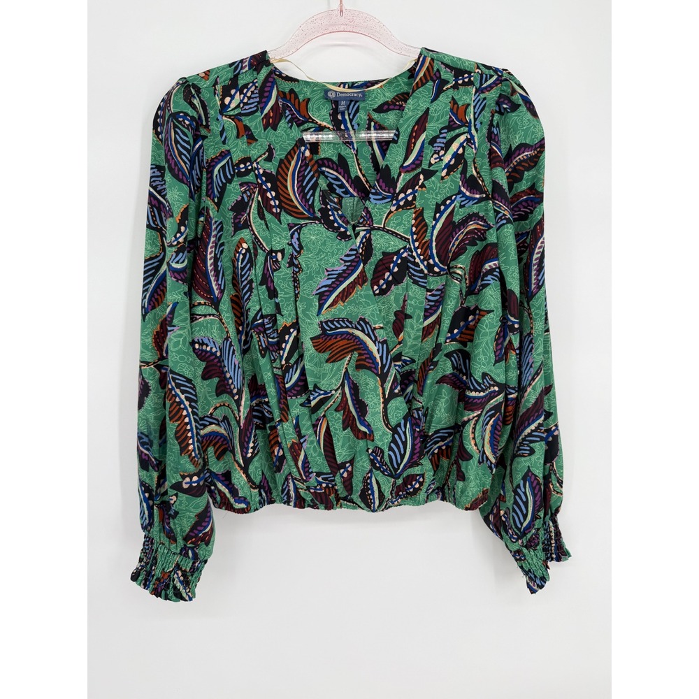 Democracy Womens Green Leaf Print Surplice Blouse Metallic‎ Accents Sz M